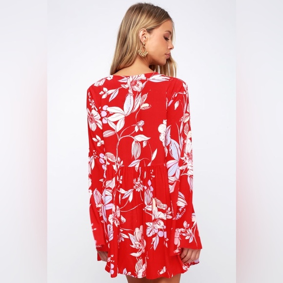 Free People ♥️ Bella Floral Print V-Neck Tunic Dress Red Boho Size Small - Picture 3 of 9